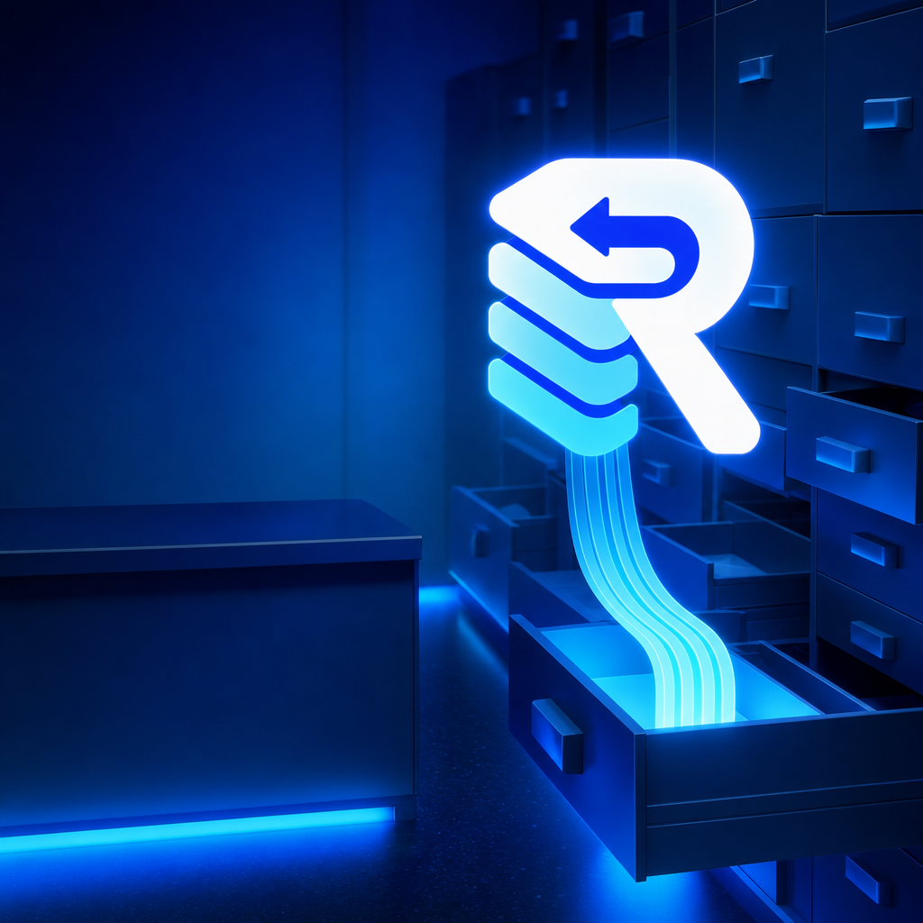 The Recall emblem glowing inside the blue archive of drawers